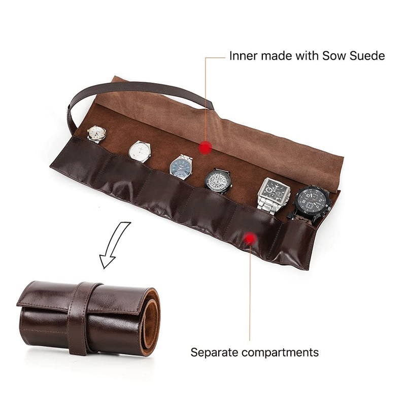 CONTACT'S FAMILY for 6 Watch Roll Strap Leather Portable Travel
