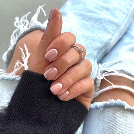 BELSITA Press on Nails Short Square Chrome Fake Nails Nude Glossy Gel False Nail Kits Natural Fit Nail Art Tips Maillard Design Full Cover False Nails Stick on Nails | 12Size,24Pcs