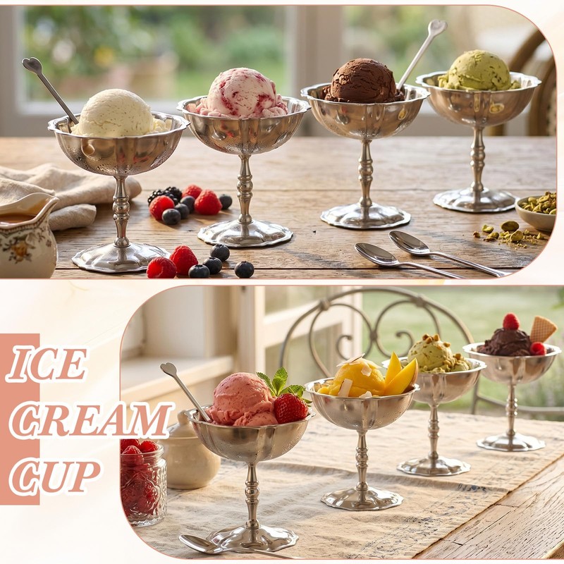 Reallnaive 4 Set Stainless Steel Ice Cream Cup with Forks