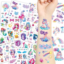 EOAMGO Glitter Temporary Tattoos for Kids, Unicorn Party Bag Fillers Fake Tattoos for Girls, Stick on Tattoo Transfers, 12 Sheets of Mixed Unicorn, Moon, Mermaid Tattoo Stickers Kit for Kids (02)