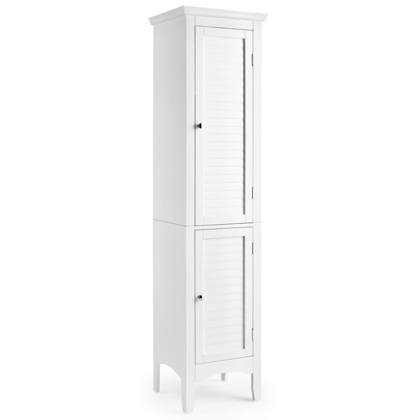 Giantex Bathroom Tall Storage Cabinet - Narrow Freestanding Floor Cabinet with Doors, 5 Tier Shelves(1 Height Adjustable), Corner Pantry Cabinets for Living Room, Slim Tower (1, White)