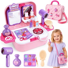 Toylink Toddler Vanity Makeup Set, Kids Portable Makeup Kit with Mirror Hairdryer Pretend Princess Toys Real Cosmetic Set, All-in-1 Play Purse, Birthday Gifts for 3 4 5 6 Years Old Girls