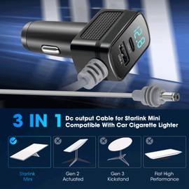 Nastopee Starlink Mini Auto Adapter mit Digitalanzeige, 12 V-24 V Starlink Mini Kabel Zigarettenanzünder Adapter zu DC Stromkabel mit USB-A, Type-C, 3 m/10 Fuß Wasserdicht Autoladegerät Adapter