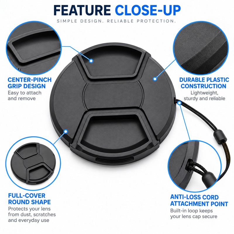 Center Pinch Lens Cap for Camera Lenses – 95mm, 105mm