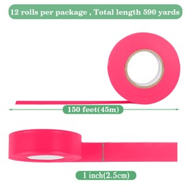 KIWIHUB 12 Pack Thickened Fluorescent Pink Flagging Tape, Non-Adhesive Plastic Ribbon Neon Marking Tape, Tree Tape, Surveyors Tape, Trail Marking, Survey Tape, 1 in. x 150 ft