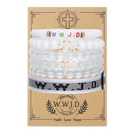 Pingyongchang W.W.J.D. Cross Bracelets Set for Women Men Boho Clay Glass Beaded Stackable Stretch Bracelets What Wound Jesus Do Bracelet Christian Religious Faith Jewelry Gift-White