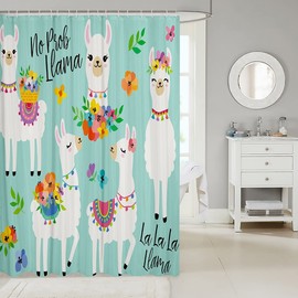 Cute Llama Bath Curtain Llama Floral Botanical Nature Theme Shower Curtain for Bathtub Kids Teens Room Cartoon Llama Alpaca Decor Bathroom Shower Curtain Set Flower Kids Bathroom Accessories 72"x72"