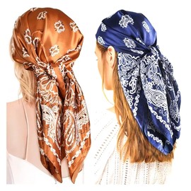 Tapp Collections 2-Pk 35” Silk Like Satin Large Square Head Neck Scarves Hair Sleeping Wraps for Women - Paisley 1 / Coffee and Blue