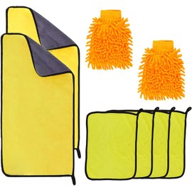 Kit de Limpieza de Coche 8 Piezas, 6 Toallas de Microfibra Alta Densidad y 2 Guantes de Chenilla Naranja, Lavado, Secado y Pulido de Automóviles, Motocicletas y Hogar