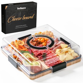 Charcuterie Board with Clear Locking Lid and Handle, 6 Compartment Bamboo Cheese Board Snackle Box, Portable Cutting Board for Snacks, Fruits&Meats, Ideal Gift for Parties, Birthday& House Warming