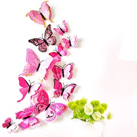 3D Butterfly Wall Sticker, Double Layer Butterfly, Refrigerator Sticker, Bedroom Party Wedding Decoration, Room Wall Decoration (Pink, 12)