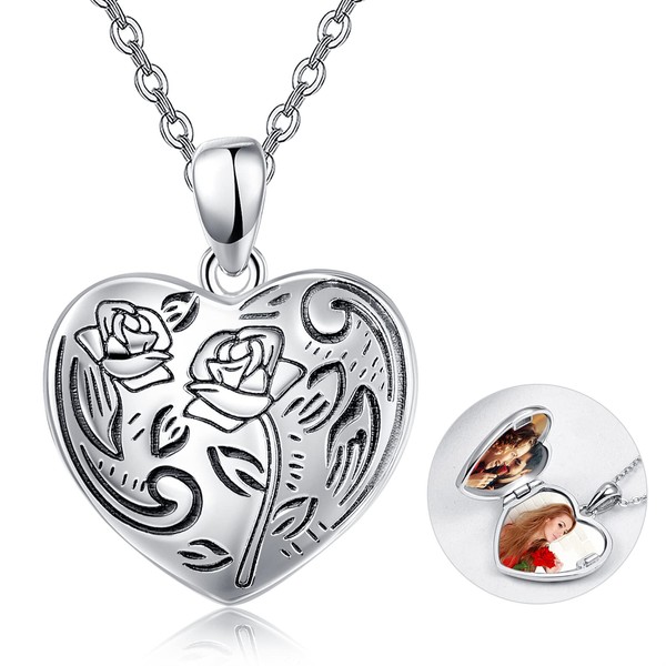 TANGPOET Rose Locket Necklace with Picture Flowers Photo Lockets Pendant