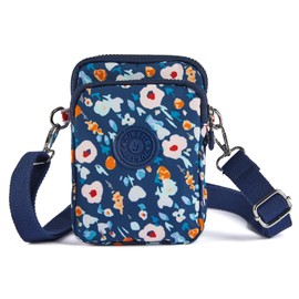 Damen Mädchen Kleine Umhängetasche Stofftasche Handytasche zum Umhängen mit Blumen Muster, 3 Fächer und Langer Riemen