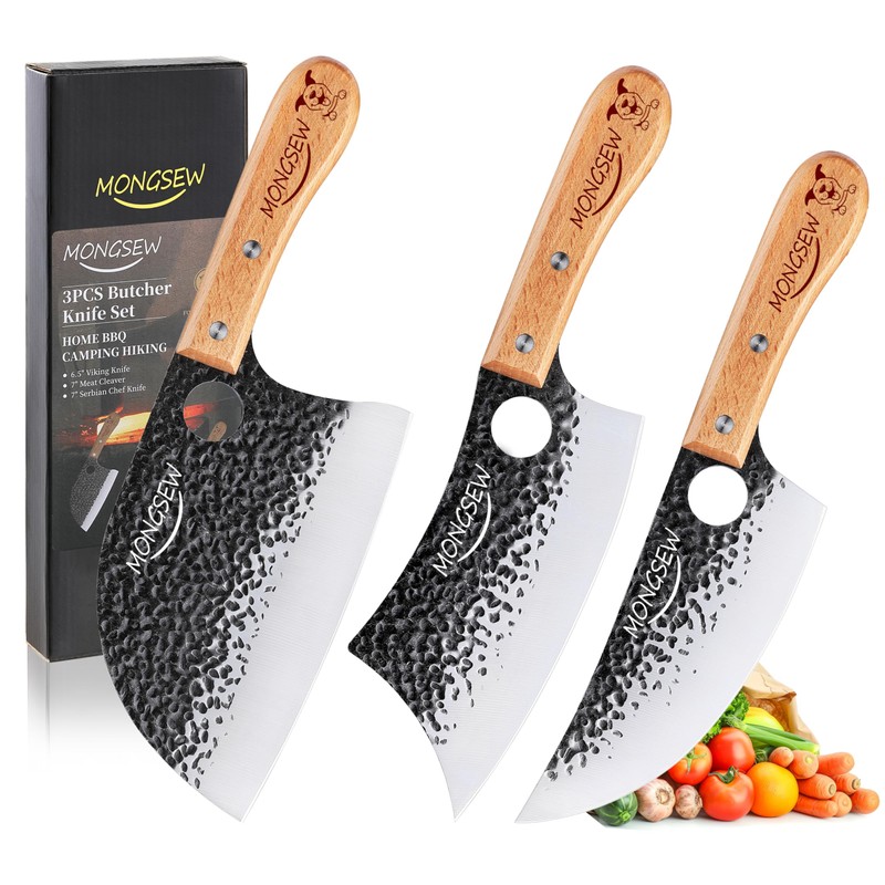 MONGSEW 3PCS Butcher Viking Knife Set, Hand Forged 7" Serbian
