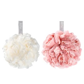 2-Pack Eco-Friendly Loofah–Soft Mesh Shower Sponge with Lace Trim & Hanging Loop–Fluffy Bath Scrunchie for Rich Lather & Deep Cleansing–Durable Shower Puff for Women & Men (White & Pink