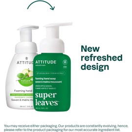 Jabón de manos espumoso ATTITUDE, vegano, con ingredientes vegetales y minerales, aroma a manzana verde y albahaca (295 mL).
