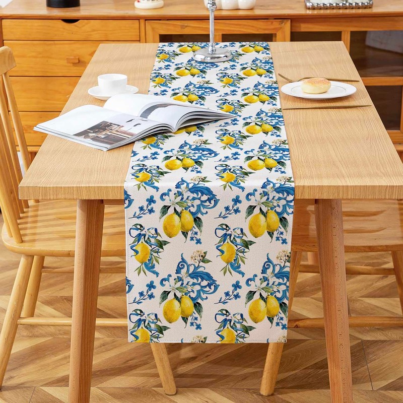 Kiatuniya Lemon Table Runner Blue Orange Yellow Lemon Decorative Table