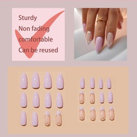 24er-Pack Mandel-Nägel zum Kleben, Kurz, Französische Weiße Blumen, Kunstnägel, Glänzende Press-On-Nägel, Wiederverwendbare Oval-Nägel, Acryl-Nagel-Tips für Frauen und Mädchen