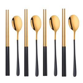 Reusable Korean Chopstick and Spoon Set, Long Handle Stainless Steel Spoon and Chopsticks Set, 4 Sets Metal Chopsticks Dishwasher Safe, Black Gold.