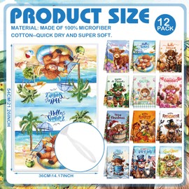 Peryiter 12 Pcs Seasonal Kitchen Towels Set for All Holidays, Seasonal Hand Dish Tea Towels Bulk Winter Holiday Absorbent Dishcloths Housewarming Gift for Cooking Kitchen Bathroom(Highland Cow)