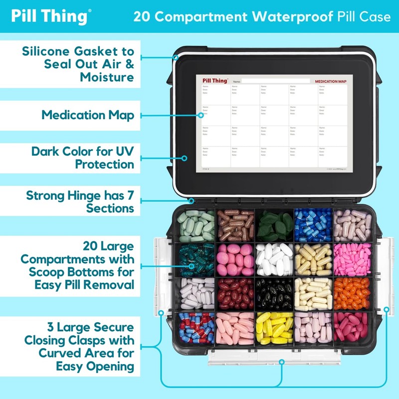 20 Compartment Large Pill Case with Airtight Seal - Silicone