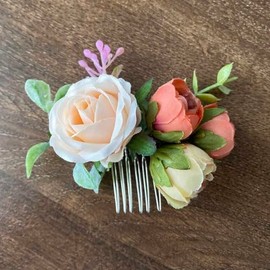 Fangsen Boho Bride Ivory Orange Rose Buds Flower Floral Comb With Spring Wedding Hair Piece for Brides and Bridesmaids Silver