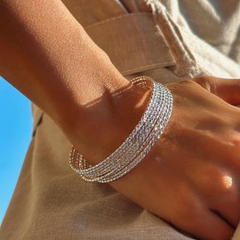 Atentuyi Boho Silver Bangle Bracelets Stacking Delicate Silver Bracelet Set Silver Stackable Bracelet Thin Chain Silver Layered Bracelet Simple Bangle Jewellery for Women, Zinc