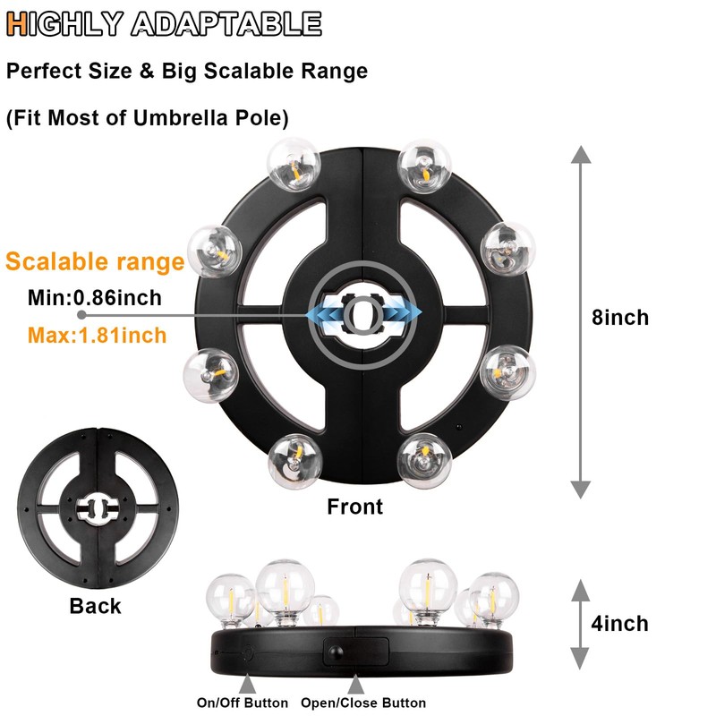 Umbrella Lights Outdoor Patio, Rechargeable Cordless with Dimmer &Timer, 8