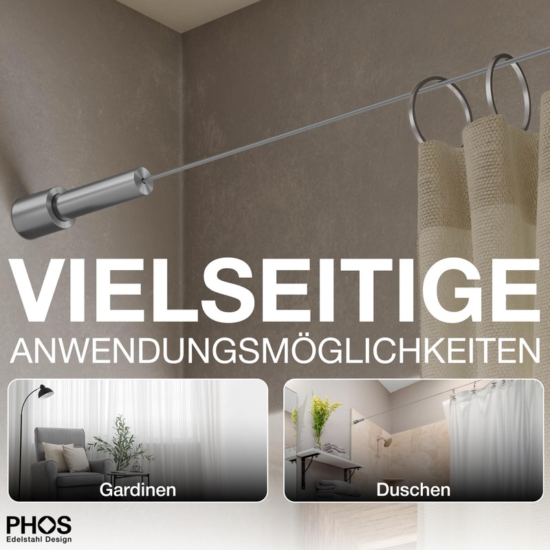 PHOS Design Rope Tension Set for Shower Curtain, Brushed Stainless