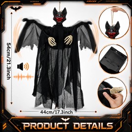 Rtteri Halloween Animated Bat Decoration with Flapping Wings, Scary Sound & Red LED Eyes, Battery Operated Hanging Bat Decor for Indoor Outdoor Halloween Party