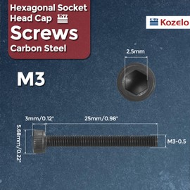 Kozelo 100pcs Socket Head Cap Screws - [M3-0.5 x 25mm] Alloy Steel Black Oxide Grade 12.9 Internal Hex Screw for 3D Printer Furniture Industrial Use, Black