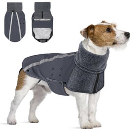 SlowTon Dog Winter Jacket, Waterproof Warm Coats for Large Medium Small Dogs with Polar Fleece Lining Turtleneck Scarf, Reflective Adjustable Puppy Snowsuit Raincoat for Cold Weather (GY-Plus Liner,S)