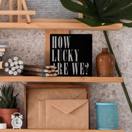 Nvotell Inspirational Desk Decor, How Lucky Are We Wooden Box Sign, Motivational Positive Affirmations Wood Block Plaque for Home Office Desk Shelf Tabletop Decor 5x5 Inch