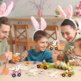 MONCAP Pack of 12 Easter Crafts Children Wind-Up Rabbits with Carrot Easter Wooden Craft Set for Painting Easter Bunnies Creative DIY for Girls Boys Easter Party Bag Spring Easter Gift