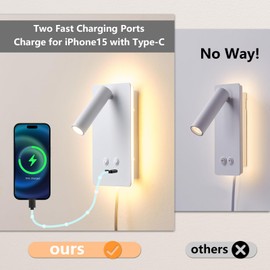 Dimmable Wall Mounted Reading Light for Bed, LED Wall Lamps with USB C+A Ports, Hardwire & Plug in 2 in 1 Wall Sconces with Switch, Eye-Caring Bed Side Lamp with 9W+3W Backlight 3000K (2 pack)