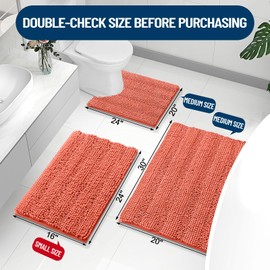 Grandaily Chenille Striped Bathroom Rugs 24x16, Extra Thick and Absorbent Bath Rugs, Non-Slip Soft Plush Shaggy Bath Carpet, Machine Wash Dry, Bath Mats for Bathroom, Coral