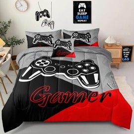 Z.Jian HOME 6 Pieces Gaming Bedding Set Queen Size for Boys Gamer Comforter Set for Boys Girls Kids Teens 6 Piece Bed in A Bag Video Game Bedding for Gamer Room Decorative Queen08