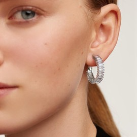 GLOQUAT CZ Silver Hoop Earrings 925 Sterling Silver Post Hoops Trendy Baguette Earrings Cubic Zirconia Earrings Hoops for Women Fashion Round Circle Hoops Earrings for Women