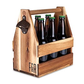 Foster & Rye Acacia Wood Beer 6 pack Carrier, Caddy, Holder, Tote, Basket, 11" x 6" x 11"