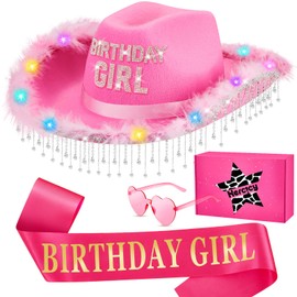 Hercicy 3 Sets Cowgirl Hat Birthday Gifts for Women LED Rhinestone Pink Birthday Hats Sash Heart Shaped Sunglasses for Party(Pink)