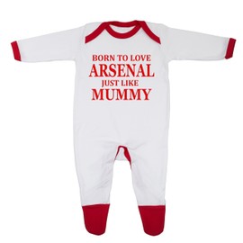 Bebe Dory Arsenal Baby Sleepsuit - 'Born To Love Arsenal Just Like Mummy - Soft 100% Combed Cotton Football-Themed Baby Sleepsuit for Football Fans (UK, Age, 6 Months, 9 Months, White/Red Trim)