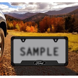 Black Carbon Fiber Vinyl Inlay License Frame with Black & Grey 3D Ford Oval Blackout Emblem