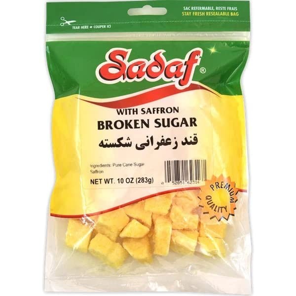 Sadaf Broken Sugar with Saffron - Saffron Sugar Cubes - Sugar Packets for Coffee and Tea - 10 Oz resealable bag