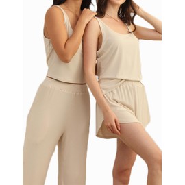 ft FENTENG Lounge Sets for Women 4 Piece Ribbed Knit Crop Tank Top and Shorts Pants Casual Outfits(L, Beige)
