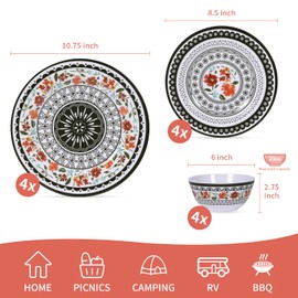 Gofunfun 12-Piece Melamine Dinnerware Sets, Unbreakable Dinner Dishes Set for Indoor and Outdoor Use, Dishwasher Safe, Lightweight Dinner Service for 4, Black and White