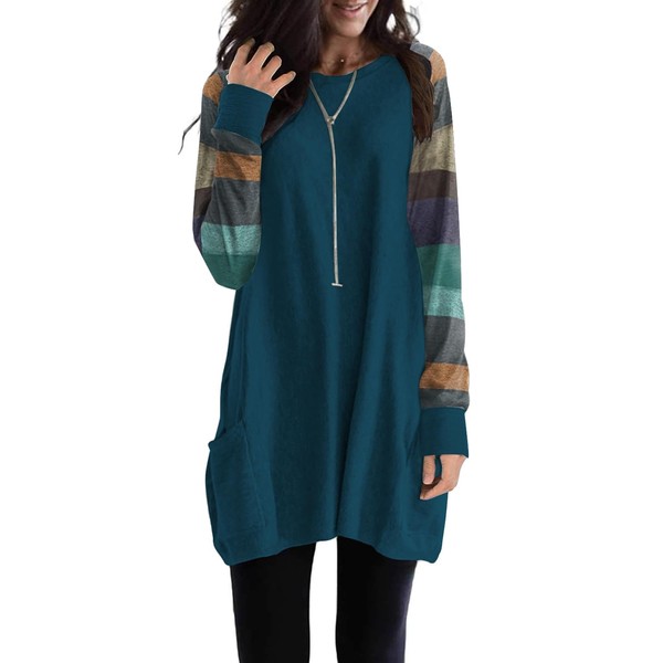 Soesdemo Striped Green Tunic Top for Women Long Sleeve Crew