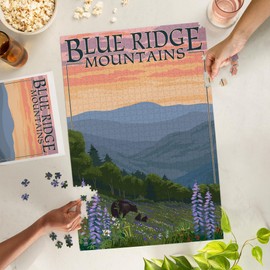 Lantern Press 1000 Piece Jigsaw Puzzle, Blue Ridge Mountains, Bear Family and Spring Flowers