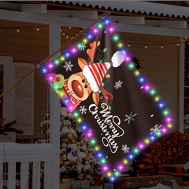 Ganeen Merry Christmas Flag with LED Light 35 x 59 Inch Double Sided Xmas Garden Flag Winter Elk Snowflake Yard Flag Holiday Tree Banner for Home Farmhouse Outdoor Holiday Decoration