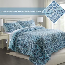 KASENTEX Country-Chic Printed Pre-Washed Quilt Bedding Set - Microfiber Fabric Quilted Pattern Bedding (Multi-Blue B, King + 2 Shams)