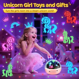 Unicorn Gifts for Girls | 3HD Films & 31 Colors & 360° Rotate & 3 Brightness Sensory Toys for 3 Year Old Girls Birthday Presents,Rainbow Unicorn Night Light Princess Toys Baby Gifts Age 1-10